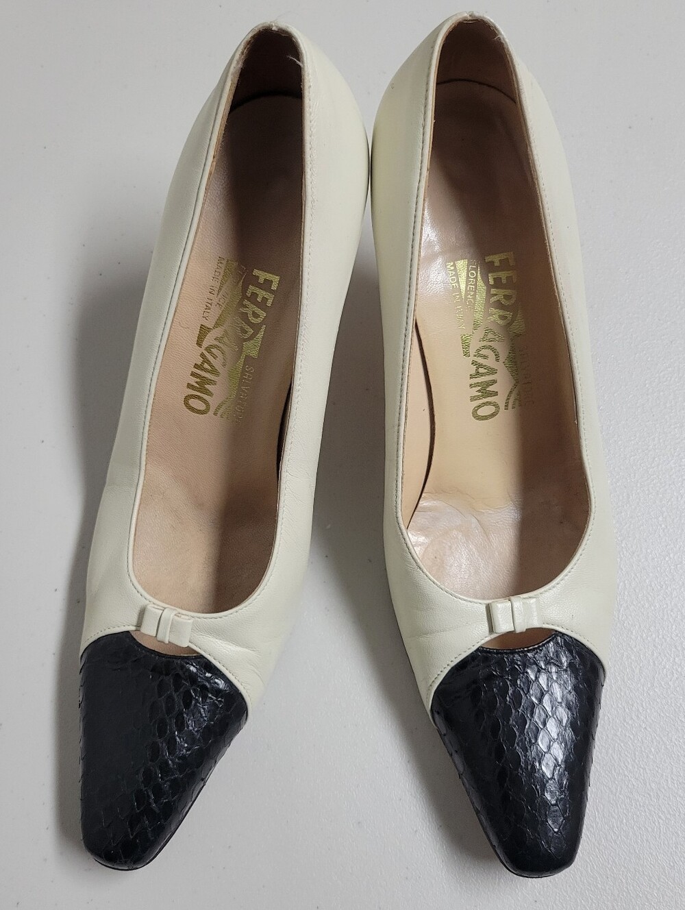 Salvatore Ferragamo Ritz Nappa Calf & Black Pitton Heels  Size 7 1/2  B